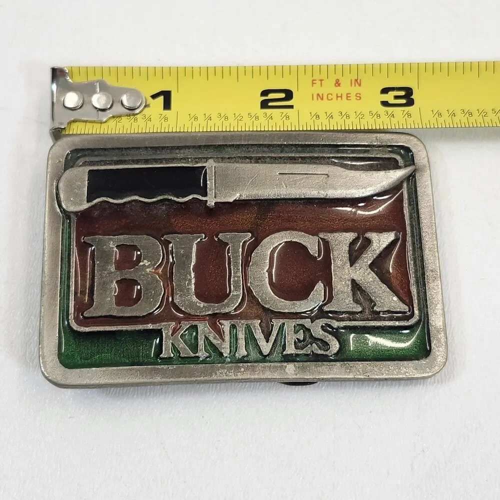 Buck Knives Belt Buckle Fixed Blade Knife Advertising Vintage Enamel Front 2320